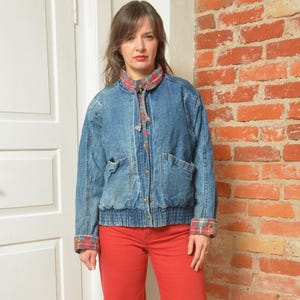 Vintage 80s Acid Wash Denim Zipper Jacket With Plaid Flannel Lining - Size Small