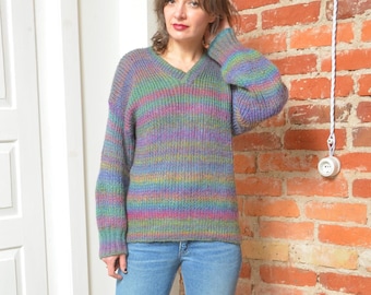 Vintage 90s Multi Color Ribbed Fuzzy Sweater - V-Neck - Size Medium