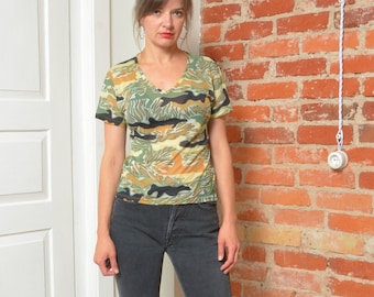 Vintage mesh blouse met abstracte print uit de jaren 90 - maat medium