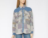Botanical Print Denim Shirt Vintage 90s Floral Colorful Long Sleeve Jean Button Top - Size Medium