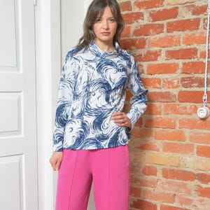 Vintage 80s High Neck Abstract Print Blouse - Size Medium