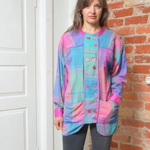 Vintage 80s Colorful Cotton Jacket – Plaid Patchwork Double-Breasted Blazer, Size S/M