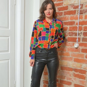 Vintage 90s Abstract Geometric Colorful Print Blouse Size medium