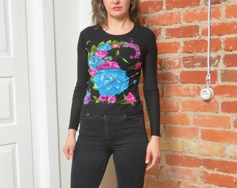 Vintage 90s Mesh Sheer Floral Long Sleeve Blouse - Size Small