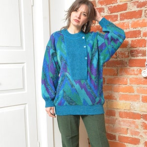 Vintage 80s Mohair Abstract Colorful Buttoned Sweater Size Large