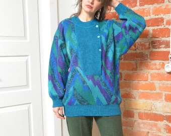 Vintage 80s Mohair Abstract Colorful Buttoned Sweater Size Large