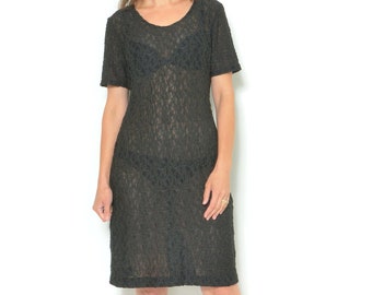 Mini abito in pizzo vintage anni '90: nero trasparente floreale, XL/XXL