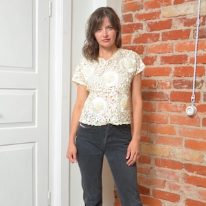 Vintage 90s Lace See Through Button Blouse - Size Medium
