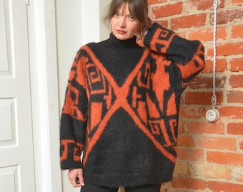 Vintage 80er Jahre Mohair Oversized Pullover - Abstrakt Geometrischer Strick Pullover - Größe L