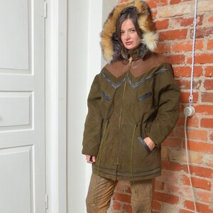 Vintage 80s Suede and Leather Zipper Jacket With Hood and Fur Trim