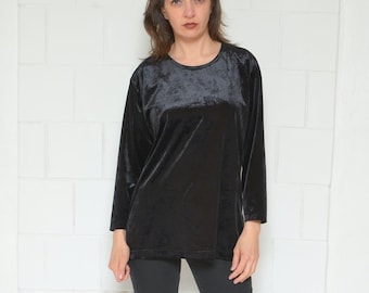 Vintage 90s Velvet Black Blouse with Floral Pattern - Medium Size