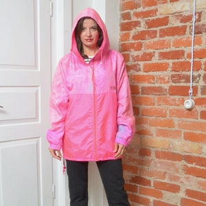 Vintage 80s Neon Pink Abstract Hooded Zipper Windbreaker / Ski Sail Jacket - Size Large