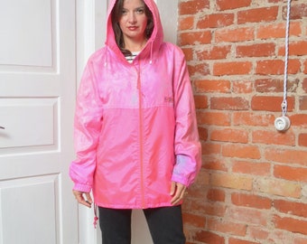 Giacca a vento/giacca da sci vintage anni '80 rosa neon astratta con cappuccio e cerniera - Taglia Large