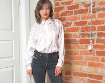 Blusa Vintage 80s Raso Rayas Botones - Talla Mediana