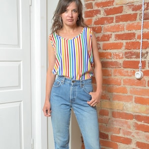 Vintage 80s Janina Schreck Rainbow Stripe Sleeveless Blouse - Colorful Vertical Striped Top - Size Medium