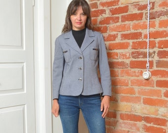 Vintage 80s Wool Micro Pattern Button Fitted Classic Blazer - Size Medium