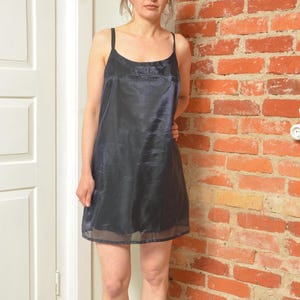 Vintage Stefanel Navy Slip Dress – Sheer Overlay – Size Large