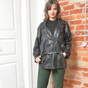 Vintage 90s Real Leather Motorcycle Belt Jacket  Size Large