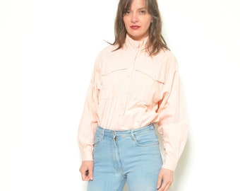 Vintage 80s Oversized Pocket Shirt - Long Sleeve Light Orange Button - Size L XL