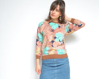 Floral impresión blusa / Vintage 80s flor impresión manga larga colorida verano Top - tamaño pequeño