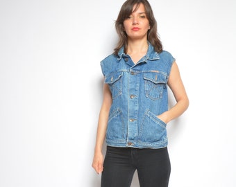 Denim Pocket Vest / Vintage 80s Jean Button Sleeveless Jacket - Size Medium