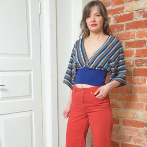 Vintage 80s Knit Striped Wide Sleeve Crop Top - Size Medium