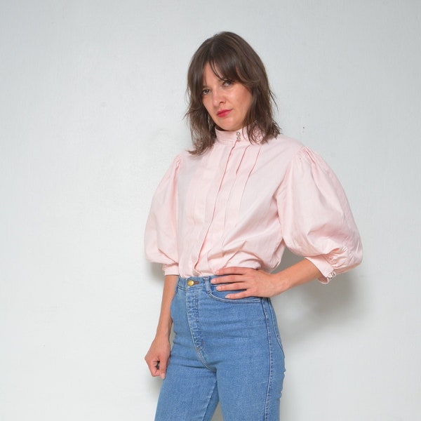 Big Sleeve Blouse / Vintage 80s Folk Style Light Pink Front Pleated Shirt - Size Small