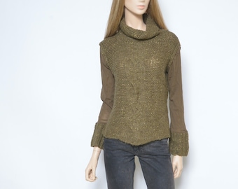 Vintage 90s Mohair Blend Knit Top - Sheer Metallic Turtleneck, Size Large