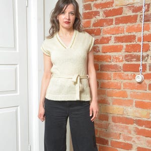 Vintage 80s Gold Metallic Mohair Knit Vest with Belt – Beige Shimmer Sweater – Size Small