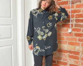 Vintage 90er Jahre Abstrakt Print Loose Fit Bluse - Größe L