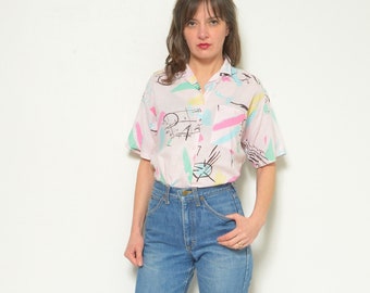 Vintage 80s Abstract Blouse - Colorful Button Collar Short Sleeve Top - Size M
