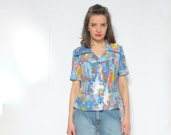 Betty Barclay Colorful Blouse / Vintage 80s Short Sleeve Button Fitted Waist Printed Top - Size Small