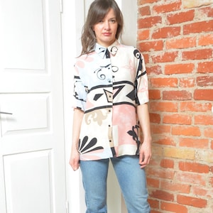 Vintage 90s Abstract Colorful Button Blouse / Size Medium