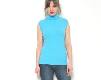 Vintage 90s Angora Wool Turtleneck Sweater - Turquoise Blue Sleeveless Sweater - Size S M