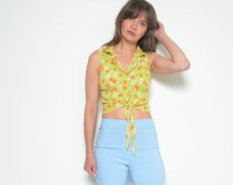 Floral Print Tie Waist Top / Vintage 90s Sleeveless Summer Button Cropped Shirt - Size Small