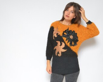 Fuzzy Color Blocking Sweater / Vintage 80s Embellished Floral Fluffy Oversized Pullover - Size Small
