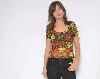 Pure Mesh Top / Vintage 90s Floral See Through Kleurrijke Korte Mouw Blouse - Maat Medium