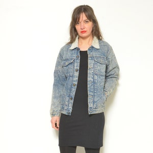 Vintage 90s Acid Wash Denim Jacket - Sherpa Jean Button Coat - Size M