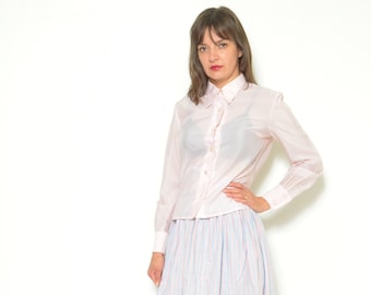 70s Vintage Blouse: Light Pink Pointy Collar Shirt, Size Small