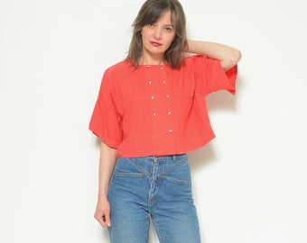 Vintage 80s Double Breasted Button Cropped Blouse - Short Sleeve Loose Fit Size Medium