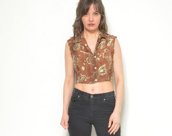 Vintage 90s Floral Cropped Blouse - Sleeveless Collared Shirt - Size M