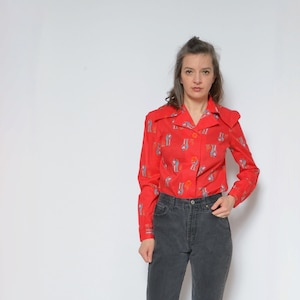 Blusa de botón impreso / Camisa de manga larga de cuello puntiagudo vintage de los años 70 - Tamaño pequeño