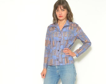 Camicetta con bottoni geometrica anni '80 Camicia vintage con colletto a maniche lunghe degli anni '80 - Taglia media