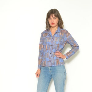 80s Geometric Button Blouse Vintage 1980s  Long Sleeve Collared Shirt - Size Medium