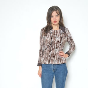 Abstract Print Blouse / Vintage 80s Pointy Color Back Zipper  Long Sleeve Shirt / Long Multi Color Printed Top - Size Large