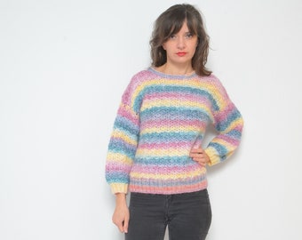 Pastel Rainbow Pull / vintage 90s Crochet Coloré Oversize Pullover - Taille Petit