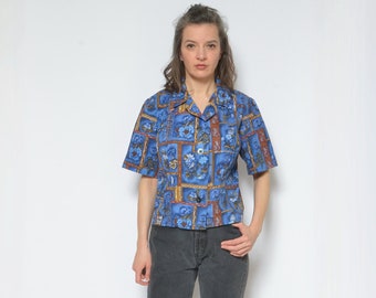 Floral Print Shirt / Vintage 90s Flower Print Button Short Sleeve Colorful Blouse - Size Medium