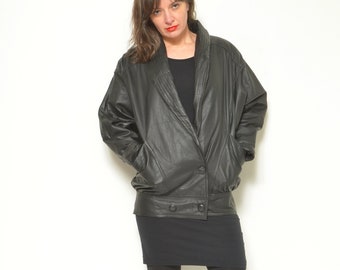 Vintage 80s Leather Jacket - Button Batwing Blazer - Size S/XS