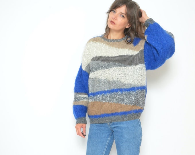 80s Color Wool Blocking Sweater / Vintage Fuzzy Multi Color Metallic ...