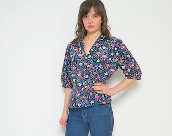 Vintage 80s Floral Print Blouse: Colorful Short Sleeve Top, Size L/XL